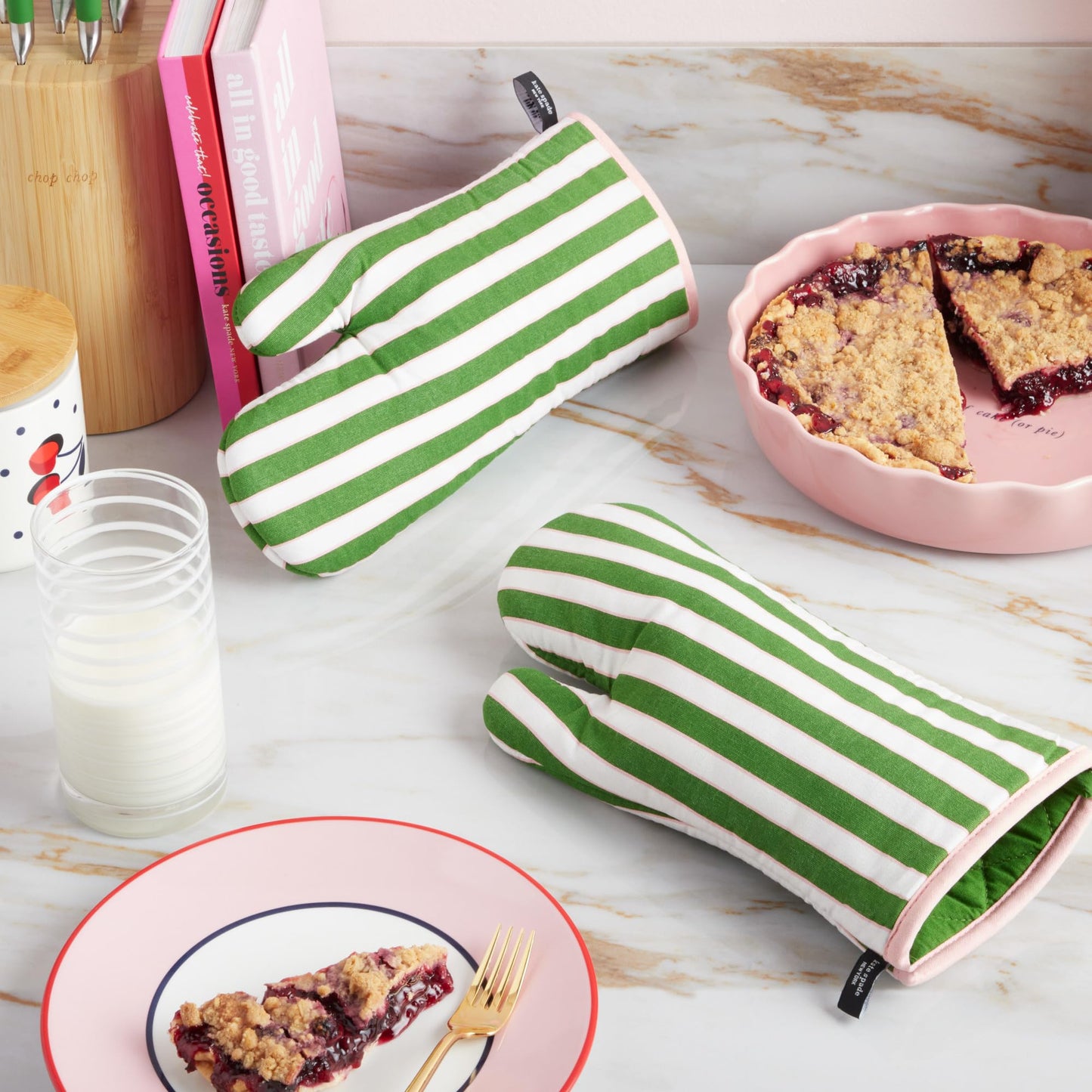 kate spade Botanical Stripe Oven Mitts – Green/Pink 2‑Pack