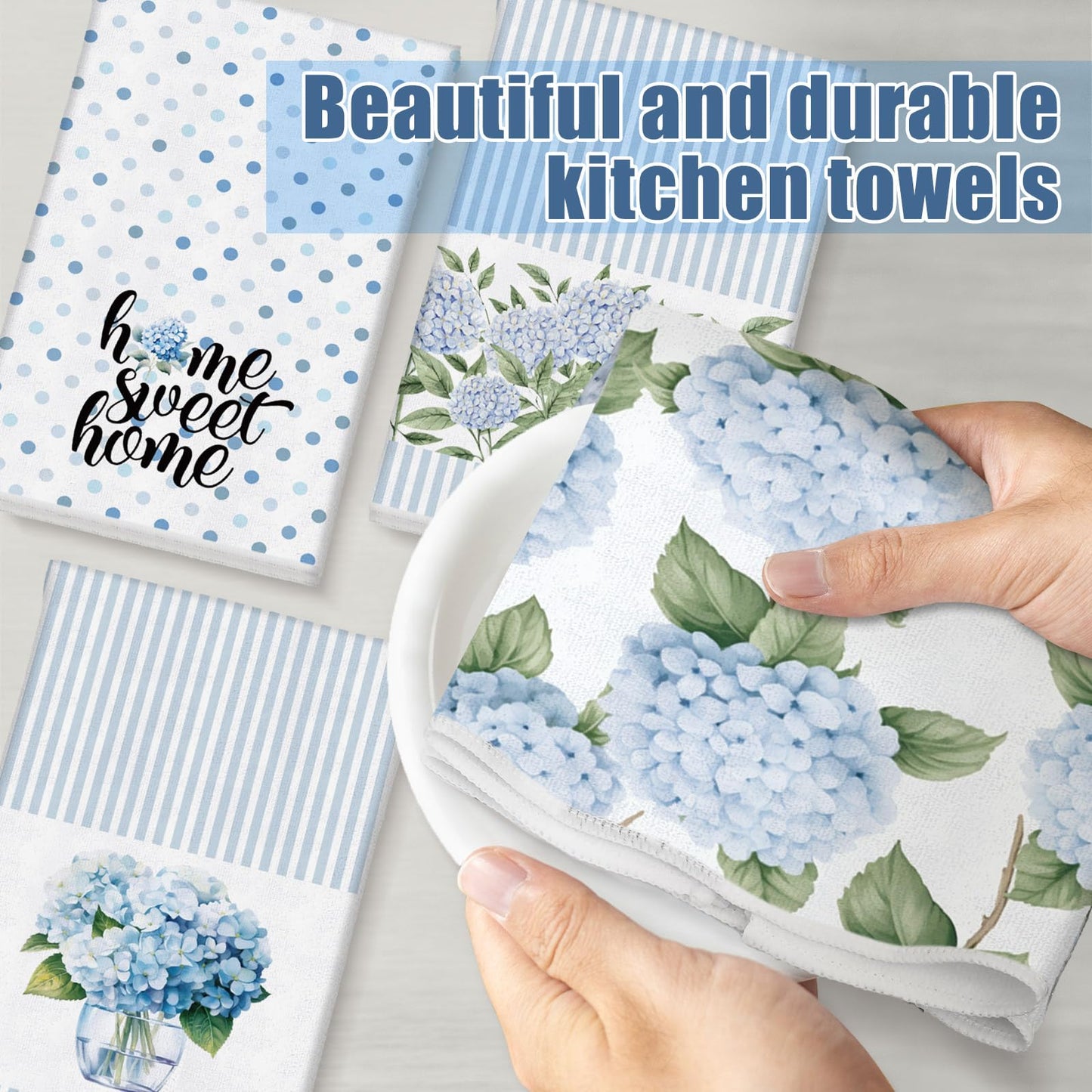4 Pack Blue Hydrangea Kitchen Hand Towels