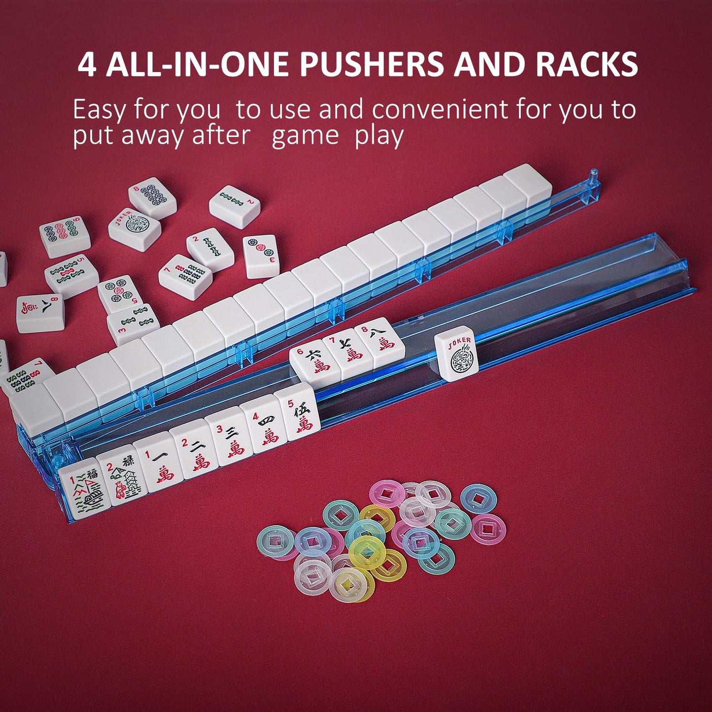 Jongyance American Mahjong Set with Blue Carrying Bag, 166 White Tiles, 4 All-in-One Rack/Pushers, Mahjong Tiles Set (Ma Jong, Mah-Jongg, Majiang)
