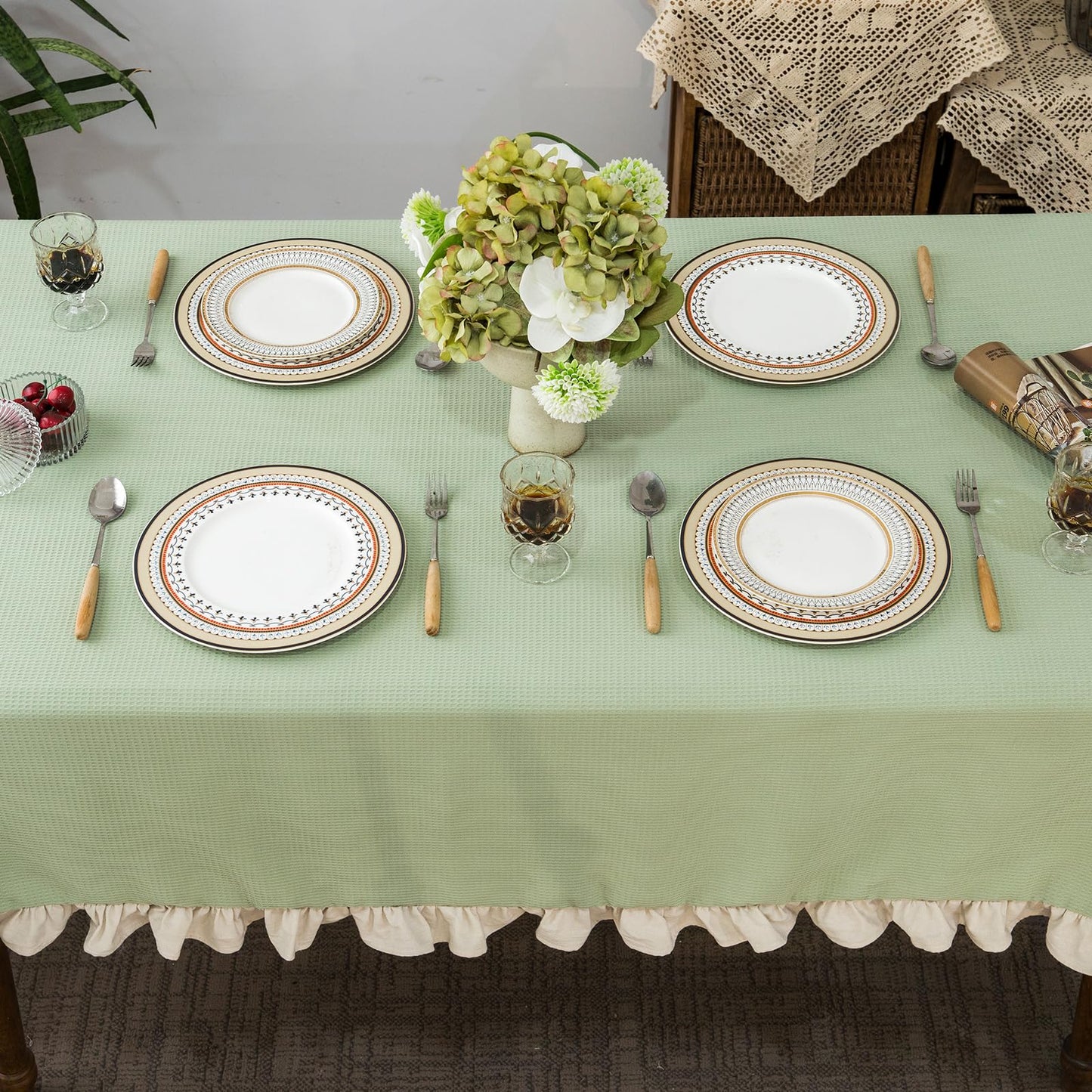 Waffle Weave Tablecloth with Ruffle Trim – Pea Green 52x70"