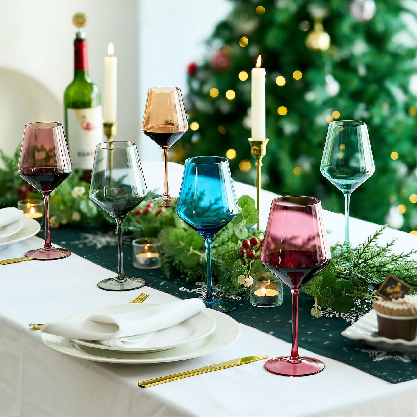 Imourari Stemmed Colored Wine Glasses, 13.5oz Set of 6