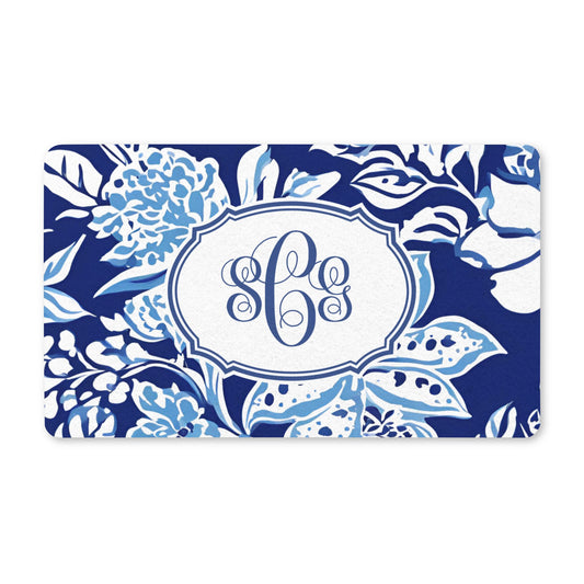 Personalized Blue Floral Monogram Doormat | Coastal Navy Welcome Mat | Custom Front Porch Outdoor Rug