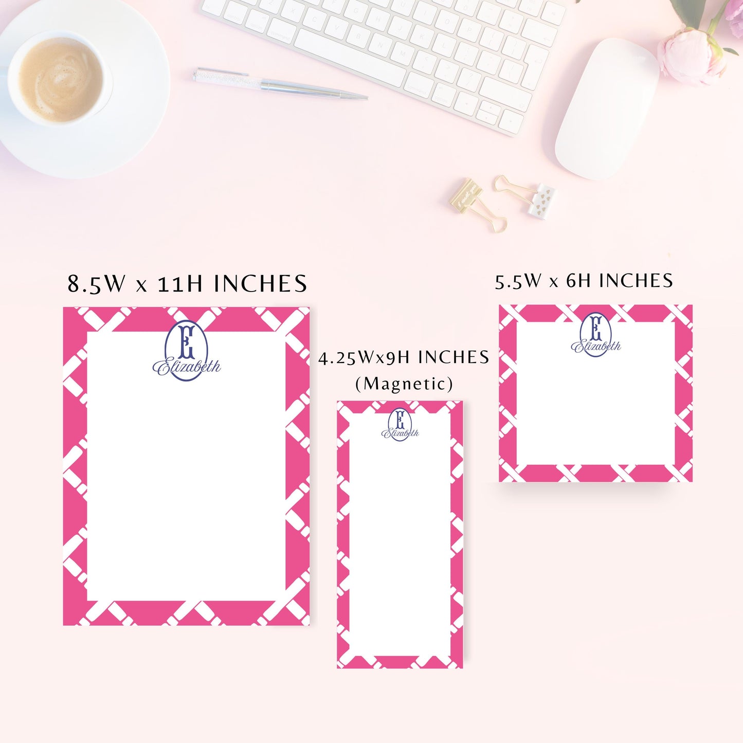 Personalized Notepad, Preppy Pink Lattice