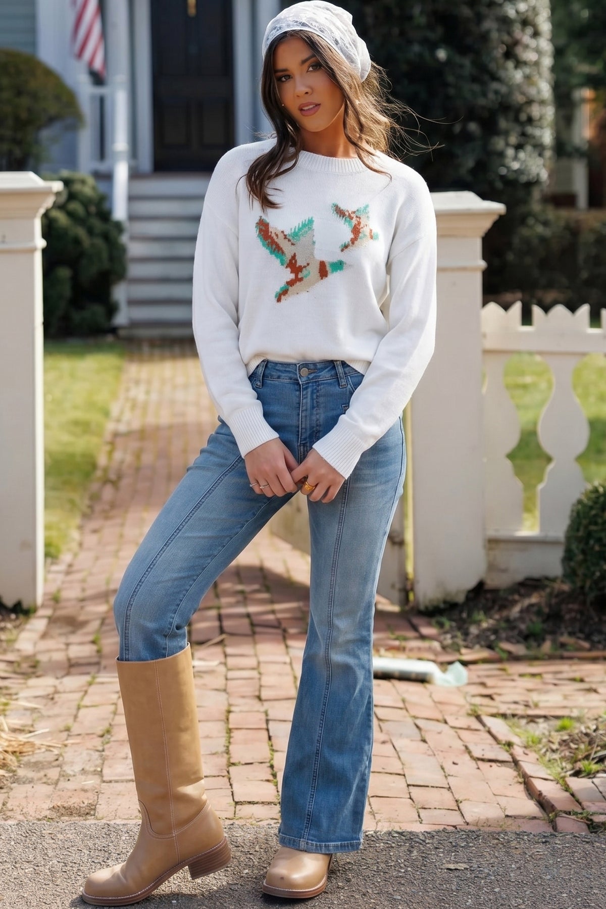 White Wild Mallard Drop Shoulder Round Neck Long Sleeve Pullover Sweater