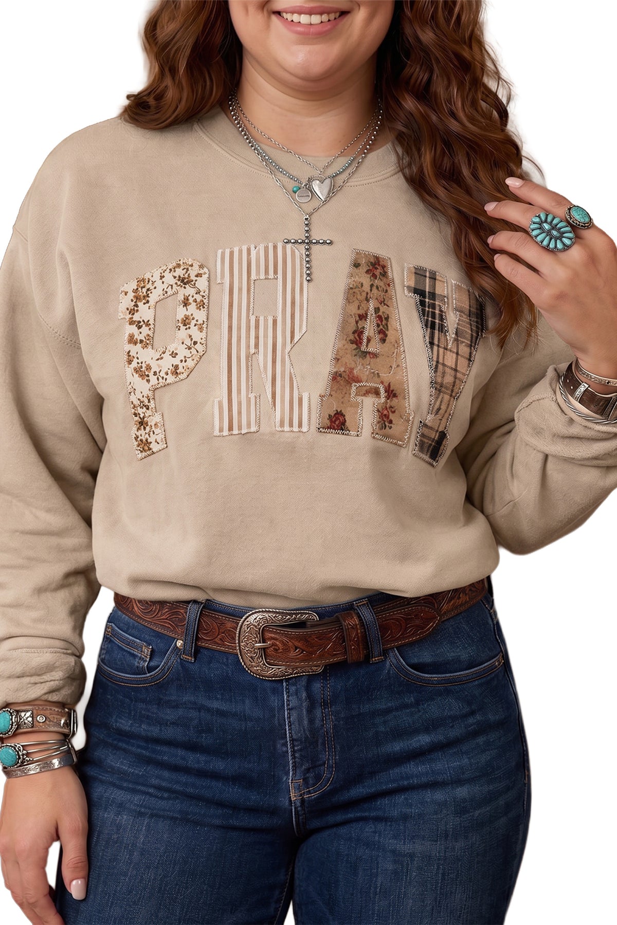 Coffee PRAY Letter Patchwork Round Neck Long Sleeve Plus Size Sweatshirt