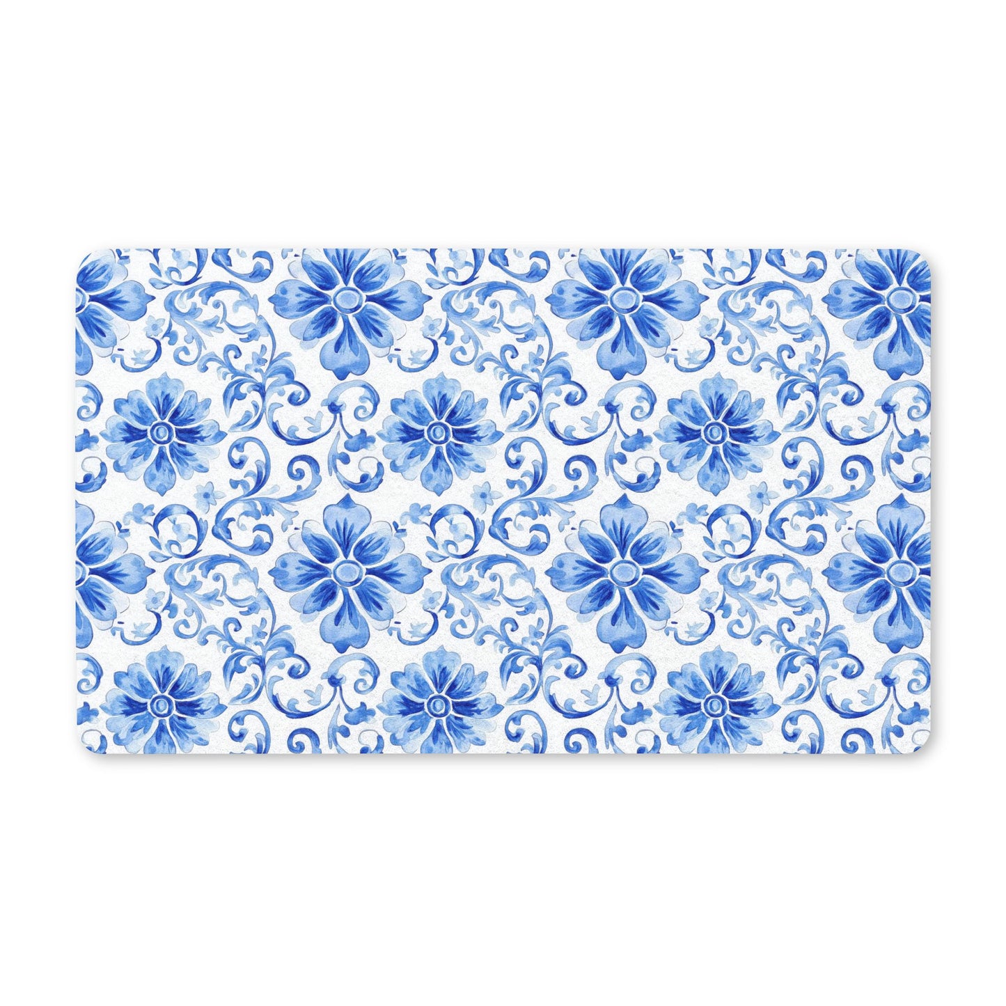 Watercolor Blue Floral Doormat | Elegant Coastal Welcome Mat | Blue Flower Front Porch Rug