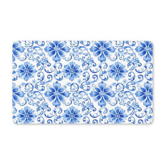 Watercolor Blue Floral Doormat | Elegant Coastal Welcome Mat | Blue Flower Front Porch Rug