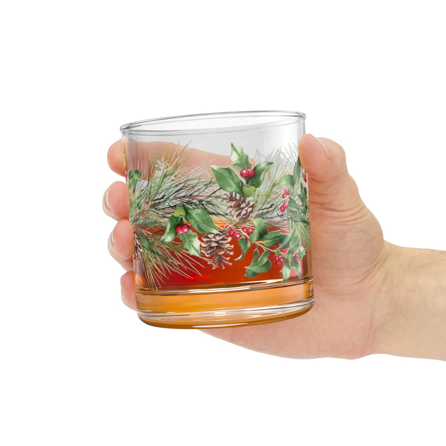 Holiday Pine & Holly Rocks Glass — 10oz Christmas Whiskey Tumbler