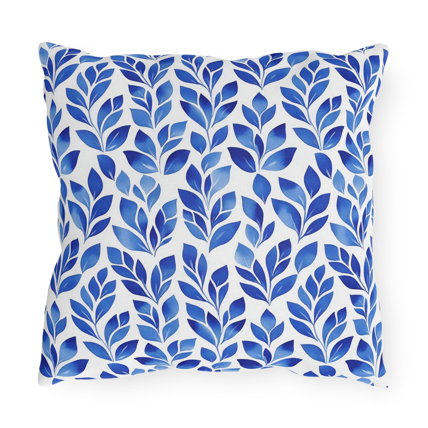 Blue and White Floral Leaf Pattern Outdoor Pillow