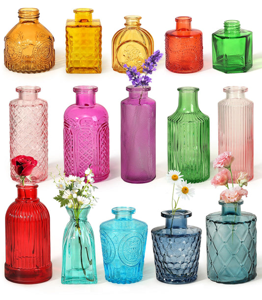 Colorful Glass Bud Vases – Set of 15 Small Textured Centerpiece Vases