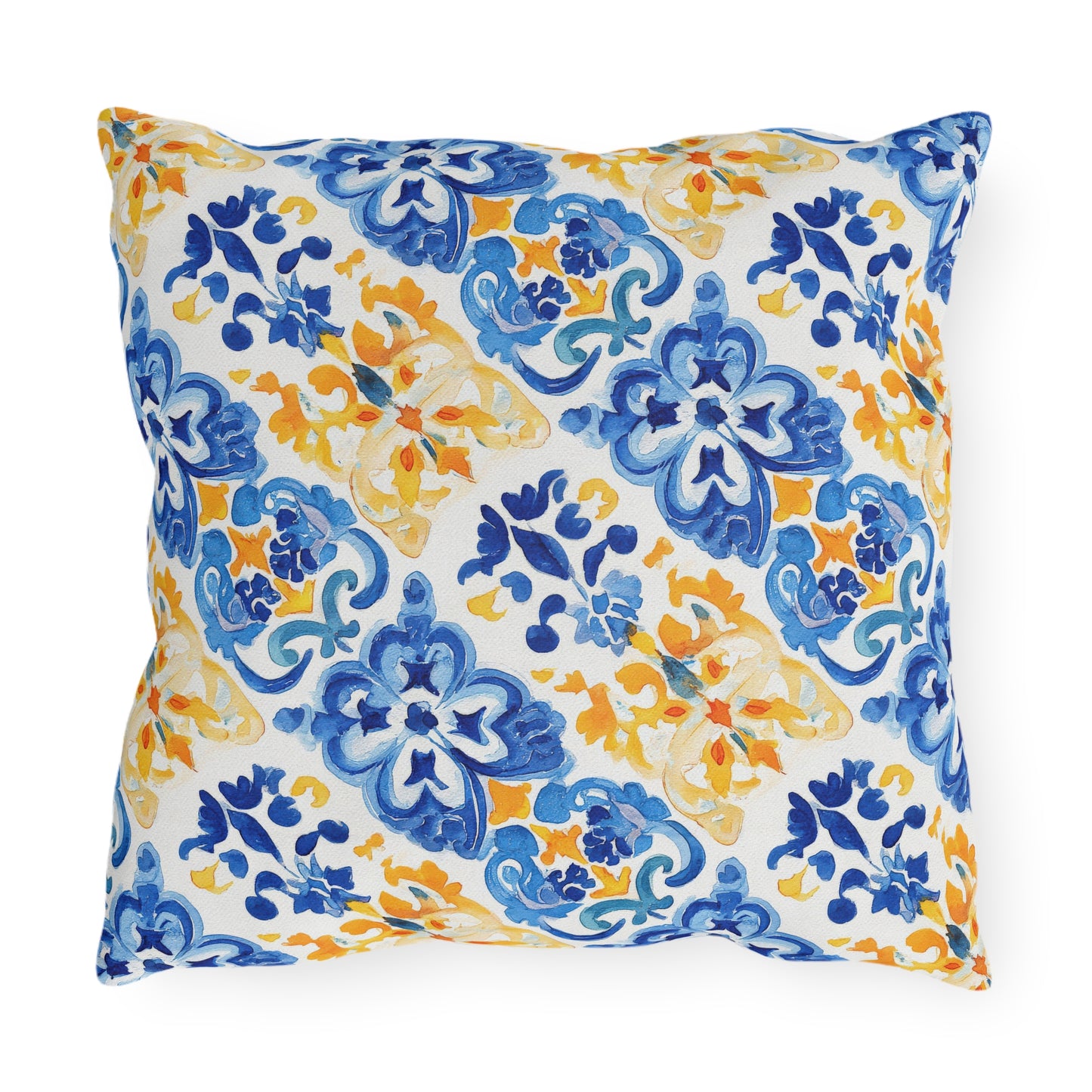 Blue and Yellow Mosaic Watercolor Floral Outdoor Pillows