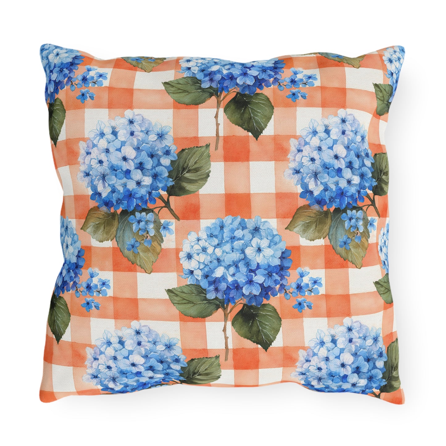 Red Gingham with Blue Hydrangeas Outdoor Pillows | Floral Patio Throw Pillow