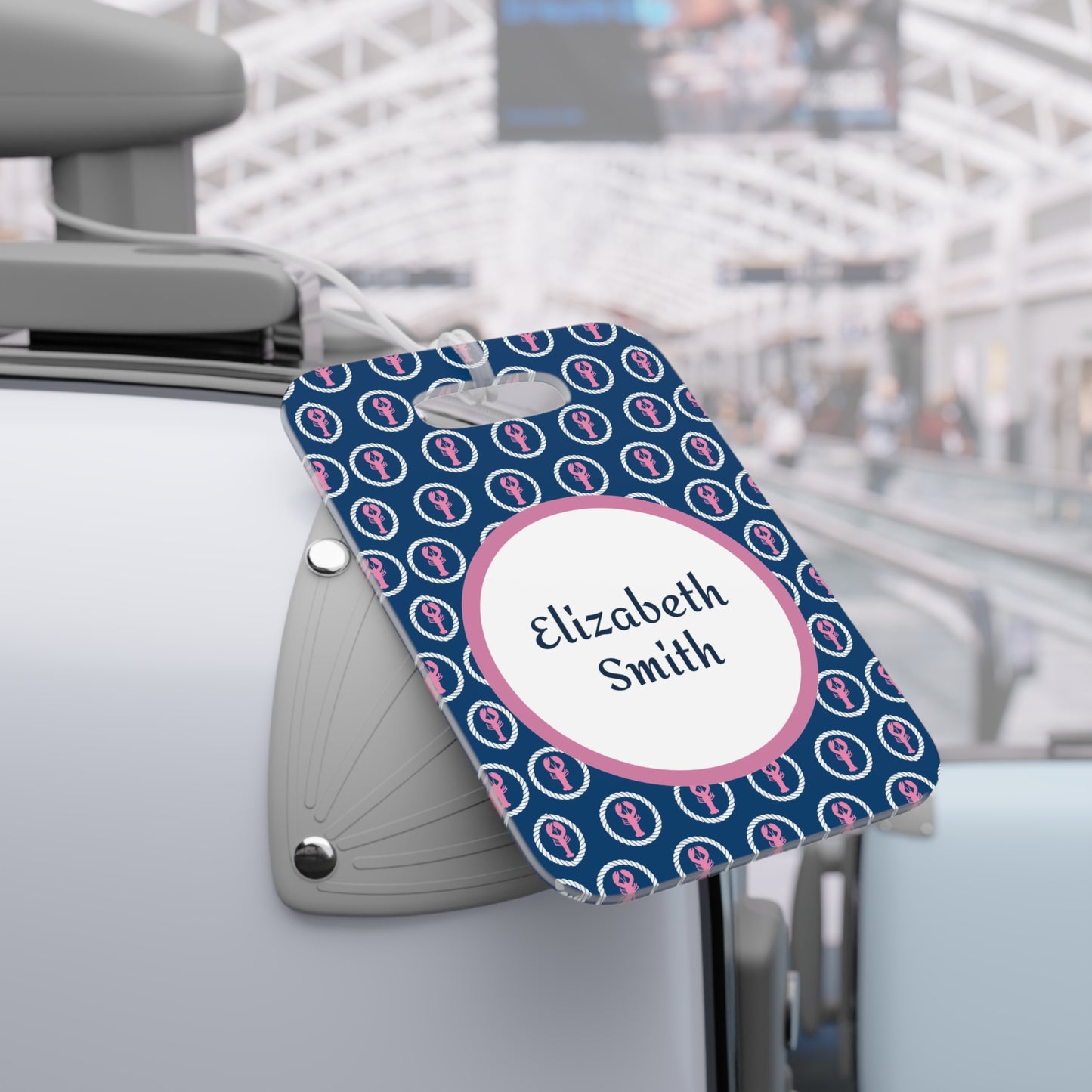 Personalized Navy with Pink Lobsters Monogram Luggage Tag — Custom Name Travel ID