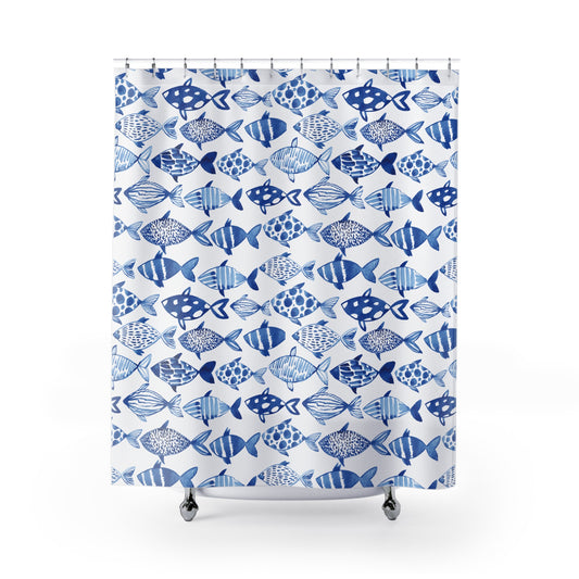 Coastal Blue & White Fish Shower Curtain — Nautical Beach Bathroom Decor