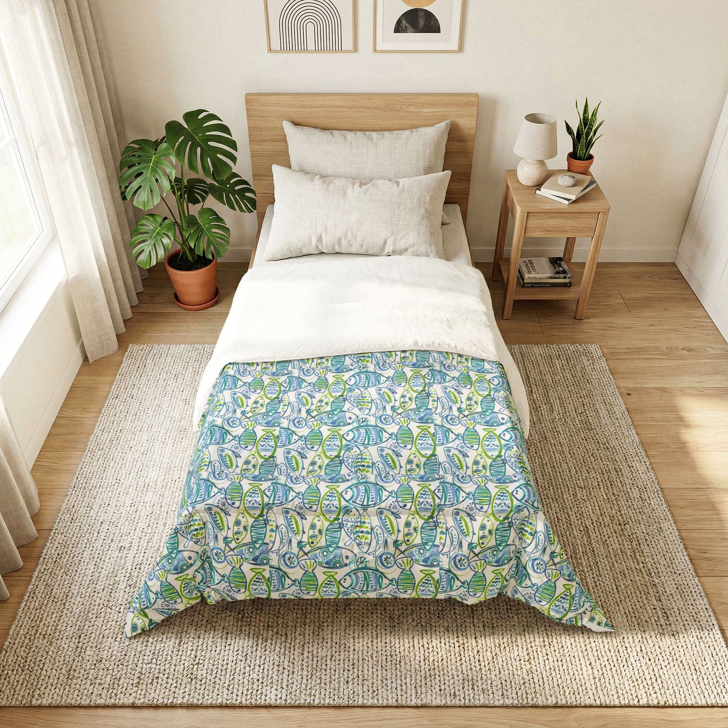 Beach House Cotton Comforter — Green & Blue Abstract Fish Design