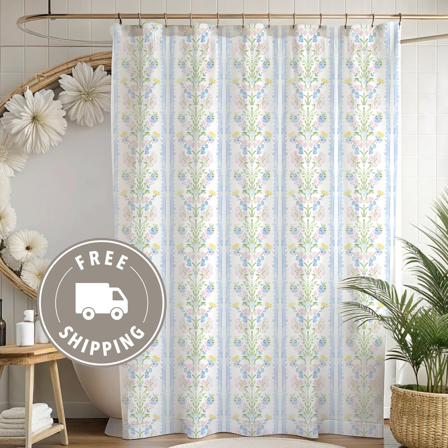 Watercolor Print Shower Curtain & Bathmat Set – Shabby Chic / French Country Bathroom Decor