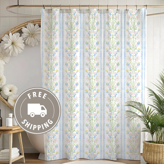 Watercolor Print Shower Curtain & Bathmat Set – Shabby Chic / French Country Bathroom Decor