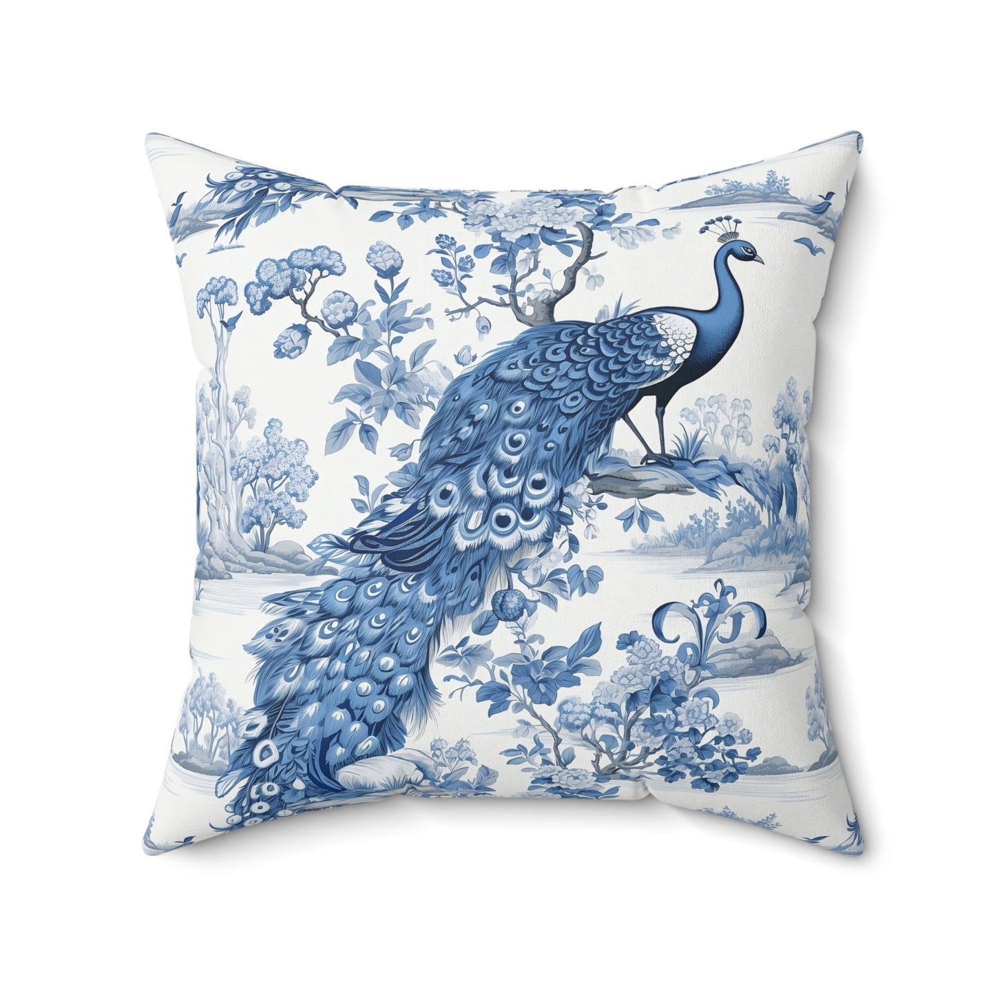 Custom Throw Pillow, French Toile Blue Peacock