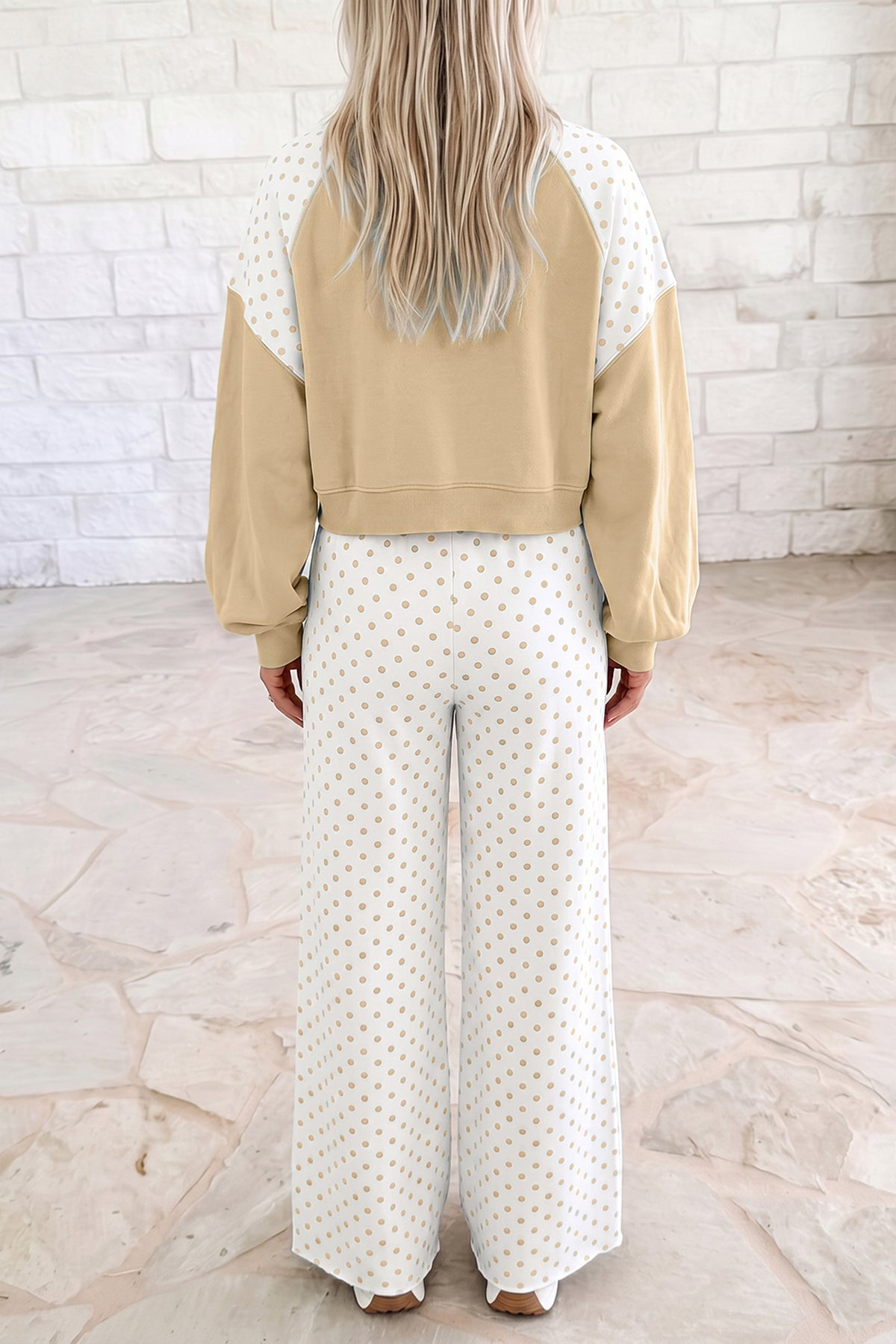Pink Polka Dot Patchwork Colorblock Long Sleeve Casual Two Piece Pants Set