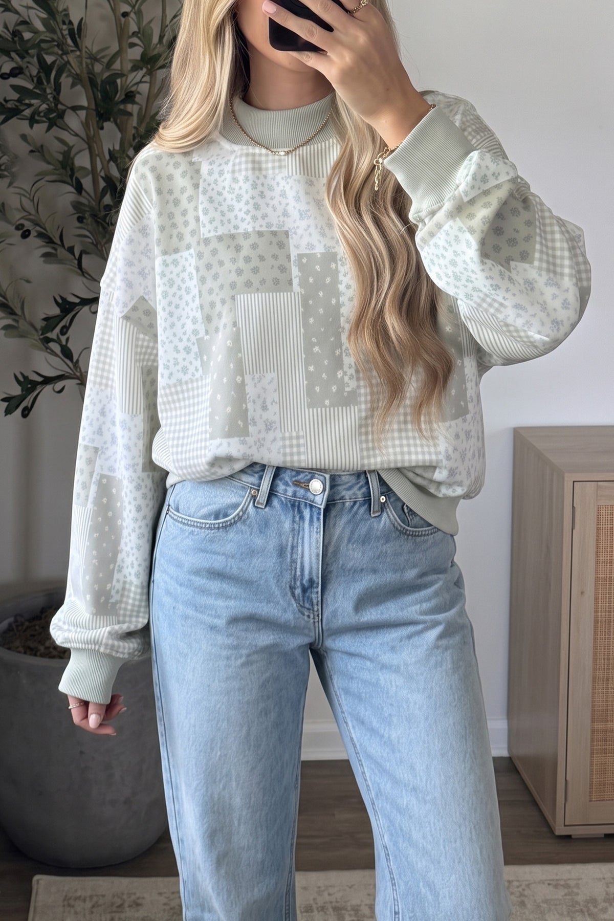 Sky Blue Patchwork Floral Print Mock Neck Long Sleeve Sweatshirt