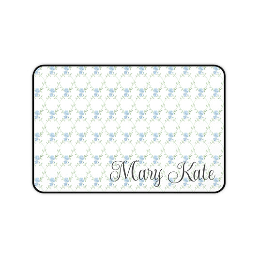 Floral patterned doormat with 'Mary Kate' text on a white background