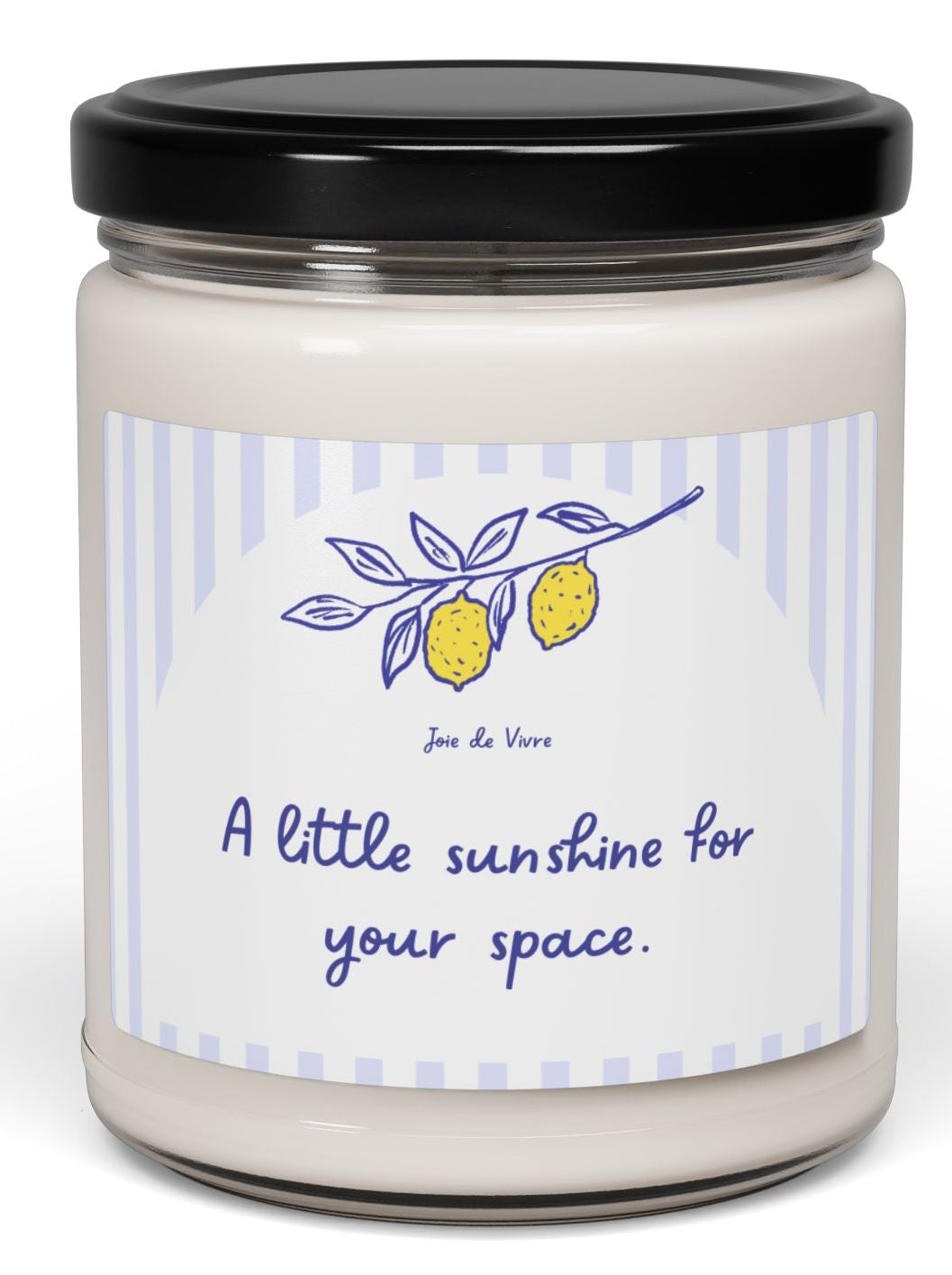 Candle jar with a label on a white background