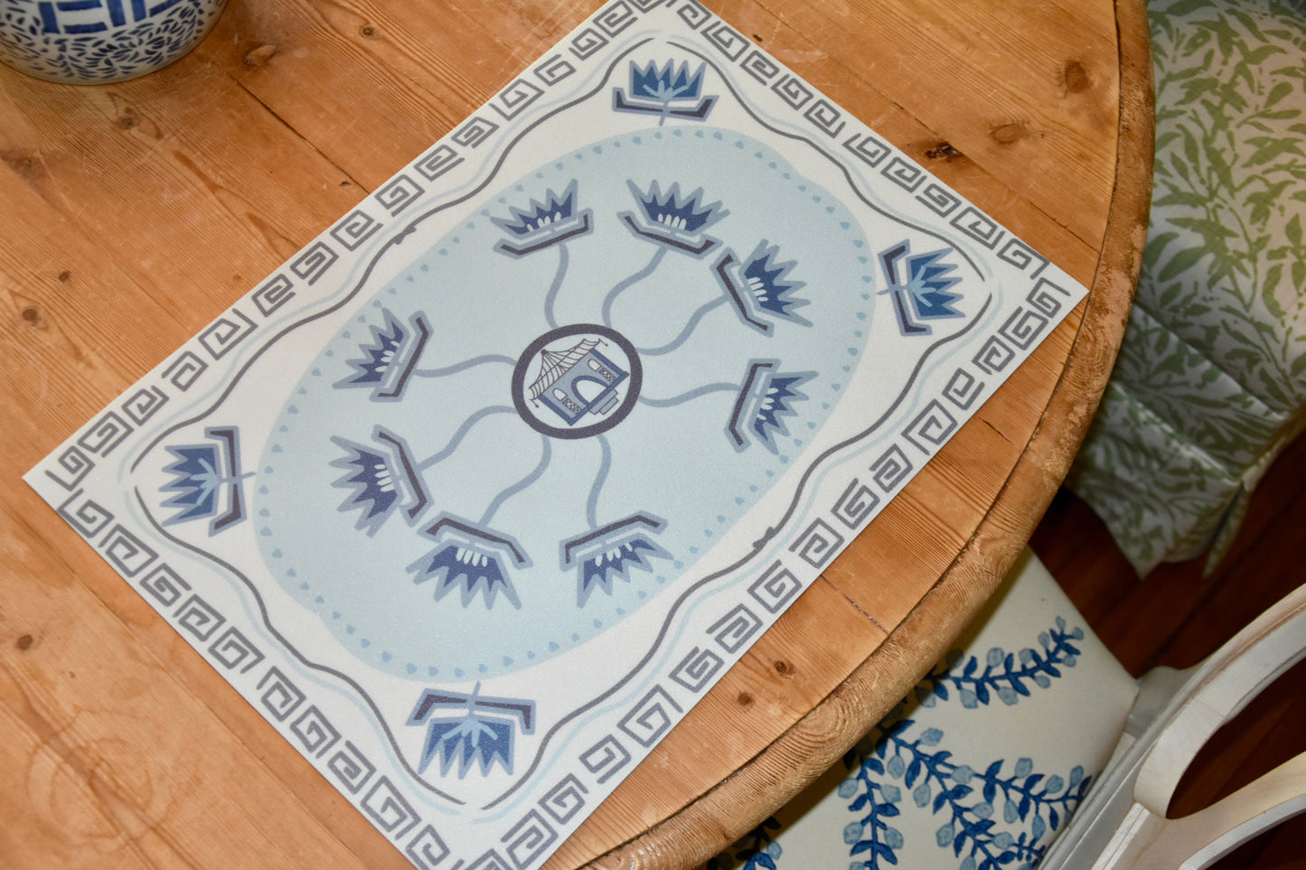 "Pagoda" Blue & White Chinoiserie Vinyl Placemat - 14"x20"