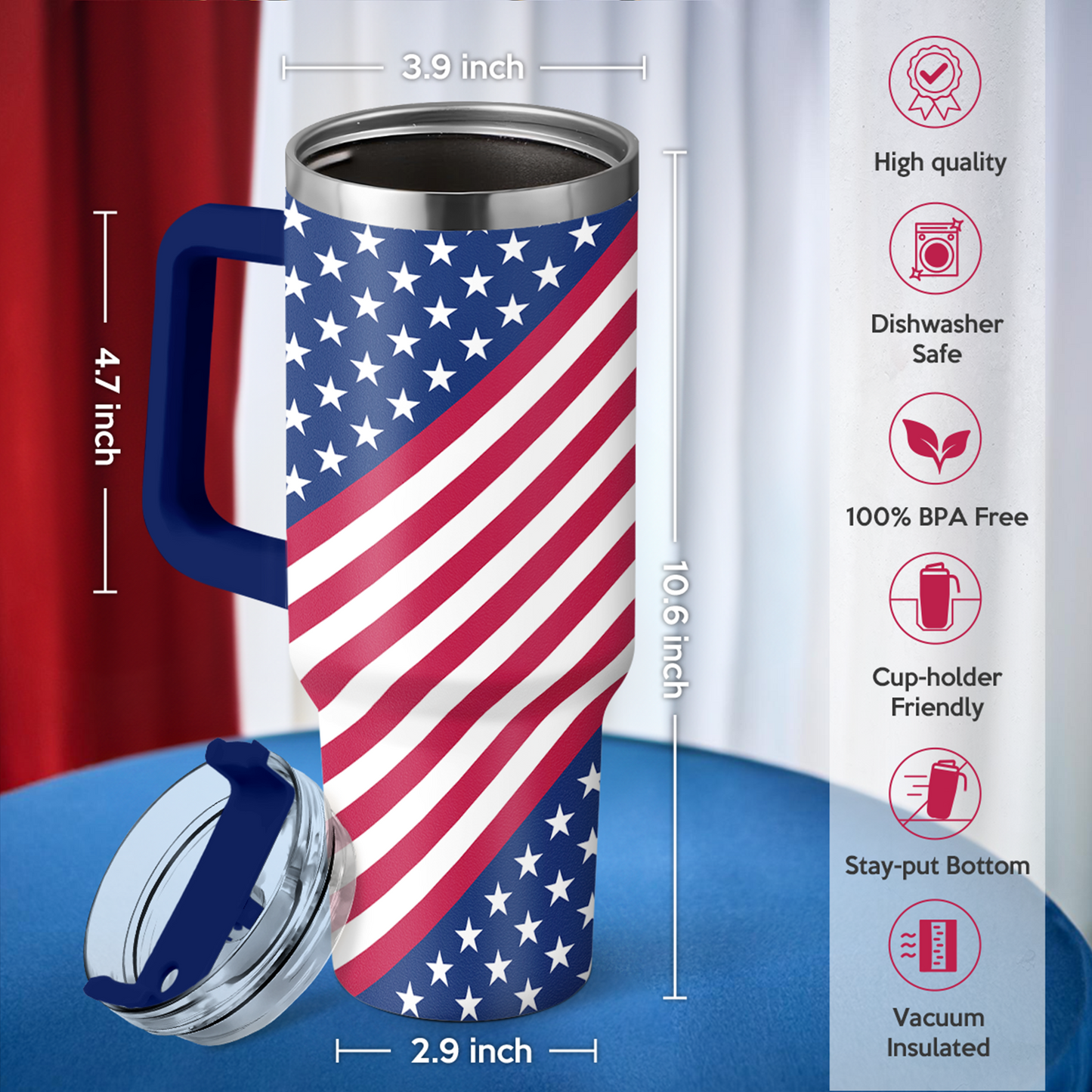 Blue American Flag Quencher Tumbler with Handle 40oz