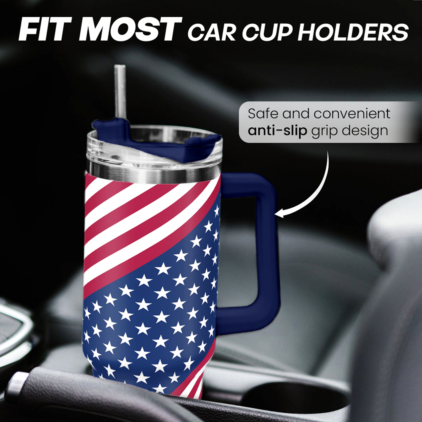 Blue American Flag Quencher Tumbler with Handle 40oz