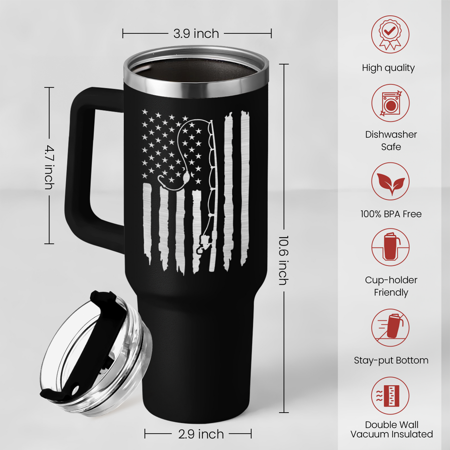 Black Fishing Quencher Tumbler with Handle 40oz