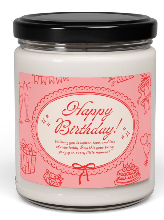 Candle jar with a pink 'Happy Birthday!' label on a white background