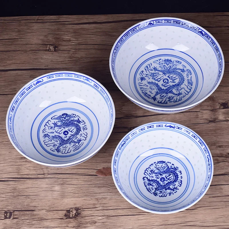 DecorBites™ Ceramic Dragon Print Rice Bowl - Blue and White Soup & Salad Dish