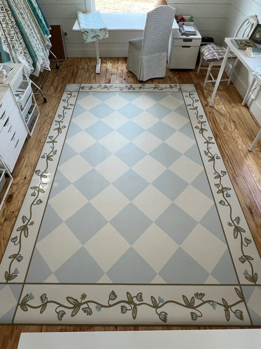 "Floral Diamonds" Checkerboard Cottage Floral Vinyl Floor Mat - 60"x84"