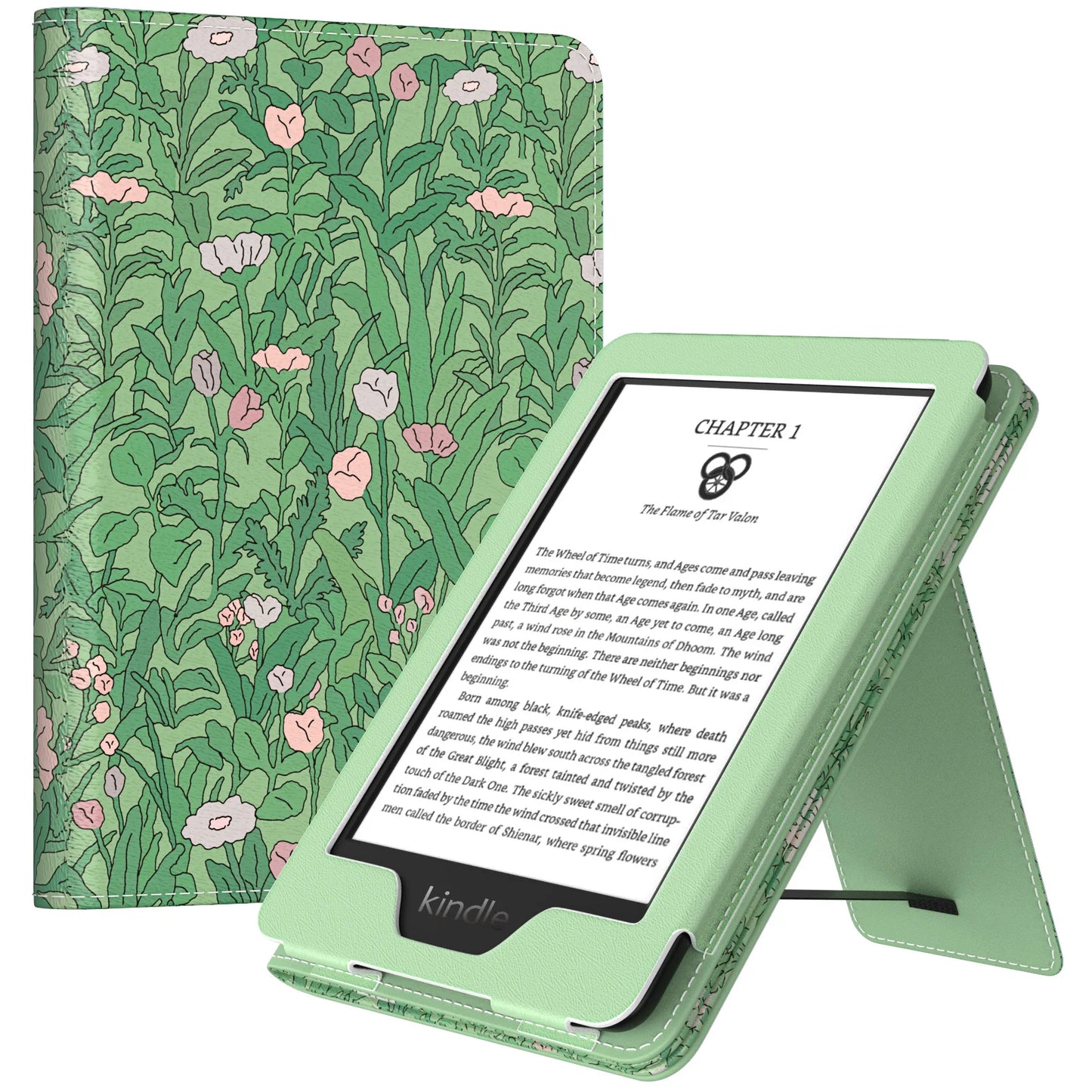 Green floral-patterned e-reader case with a Kindle device inside on a white background