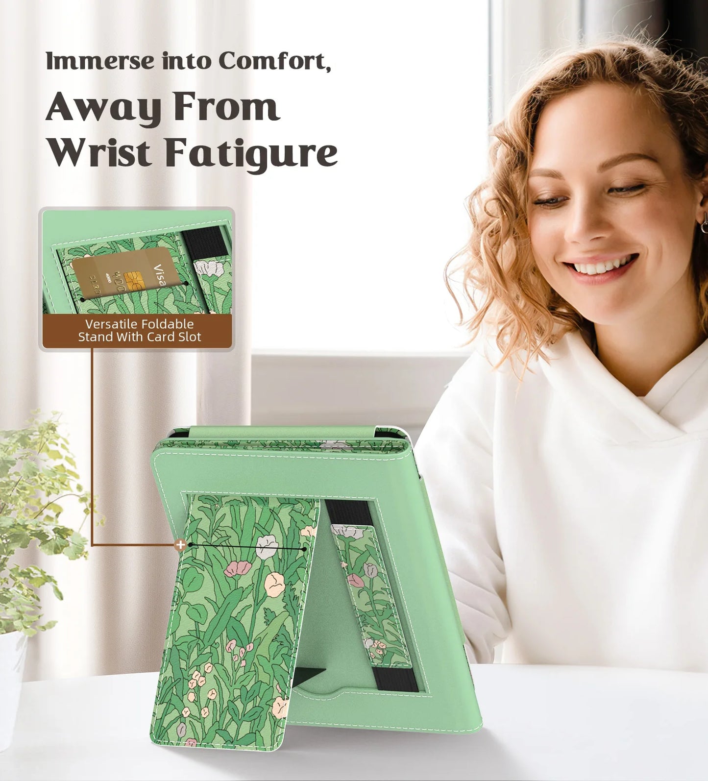Woman using a green foldable stand with card slot, text 'Immerse into Comfort, Away From Wrist Fatigue' above.