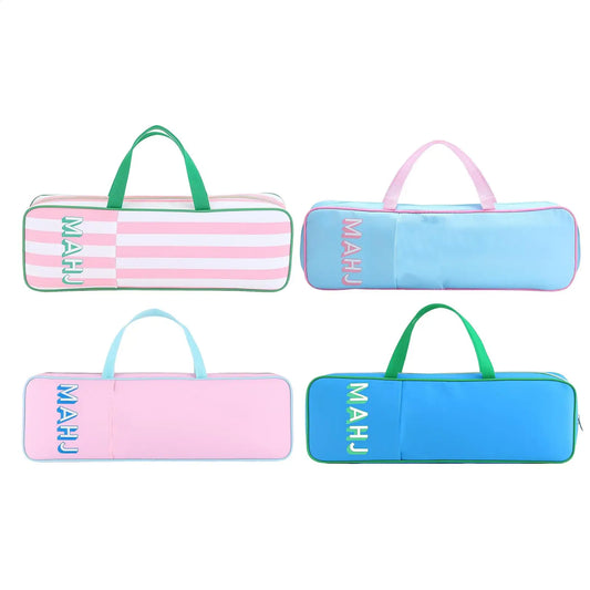 Four colorful pencil cases with 'MAHJ' branding on a white background