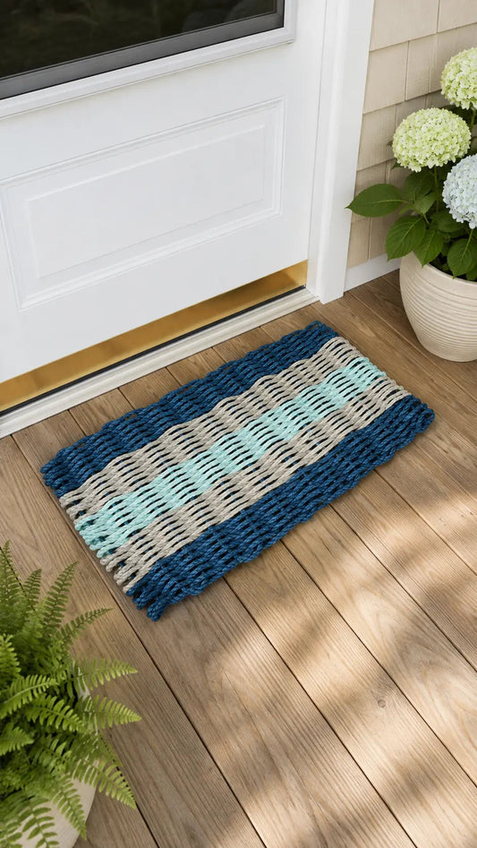 Navy Blue, Tan & Seafoam 5-Stripe Lobster Rope Doormat