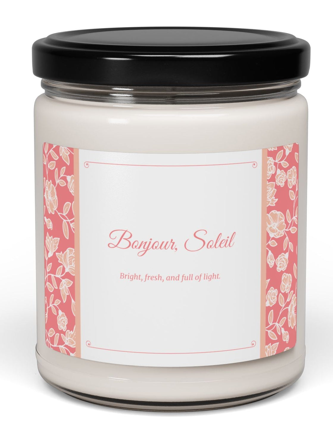 Candle jar with a floral label on a white background