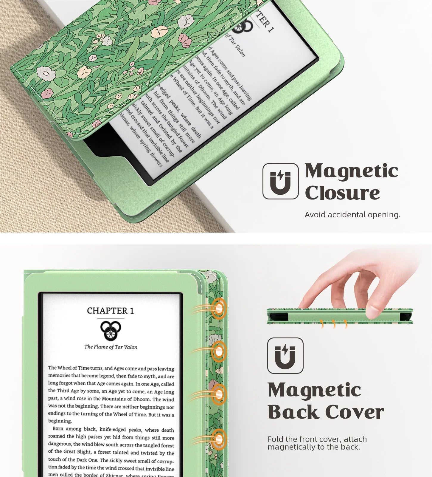 Green magnetic e-reader cover with floral design on a white background