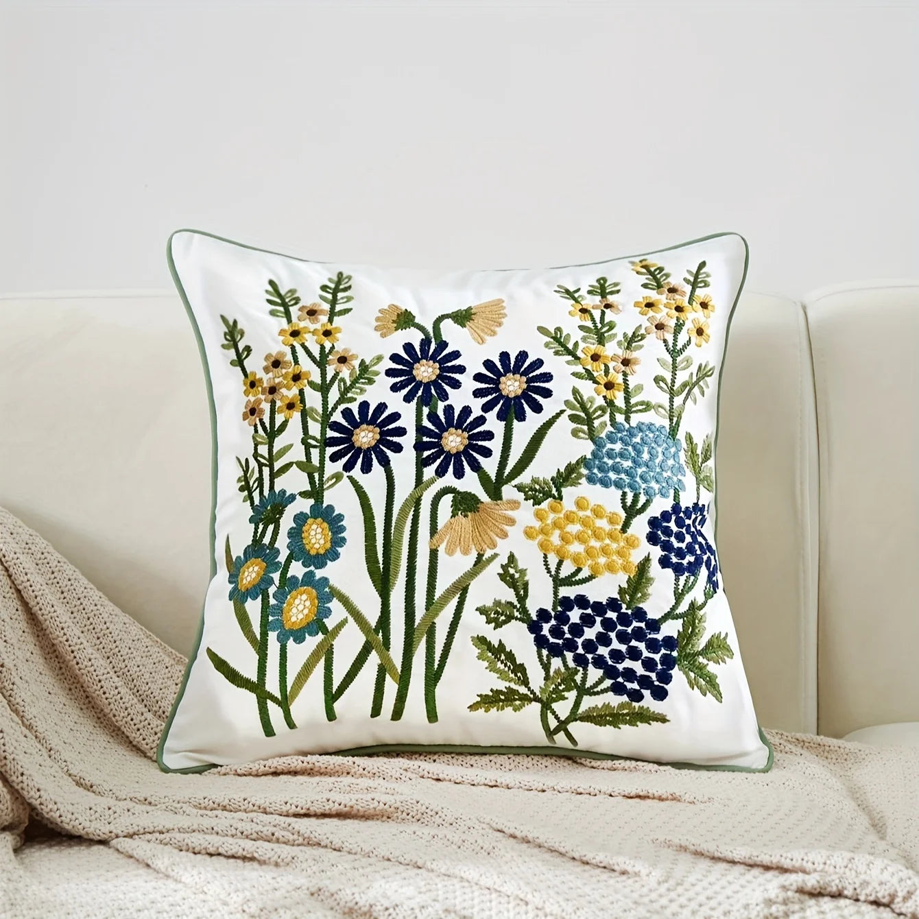 Faux Embroidered Daisy Cushion Cover