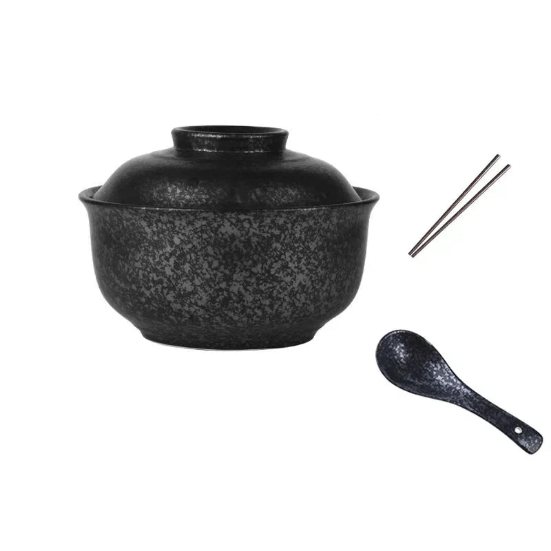DecorBites™ 6.5inch Retro Ceramic Ramen Bowl Set with Lid, Chopsticks, and Spoons