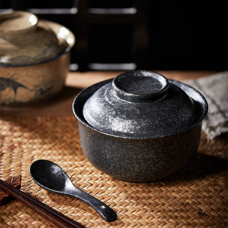 DecorBites™ 6.5inch Retro Ceramic Ramen Bowl Set with Lid, Chopsticks, and Spoons