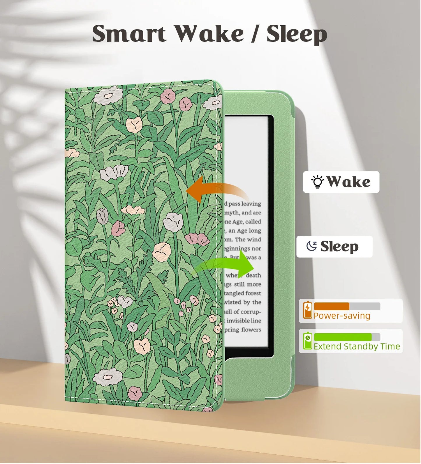 Green floral-patterned smart case with Wake/Sleep features on a white background