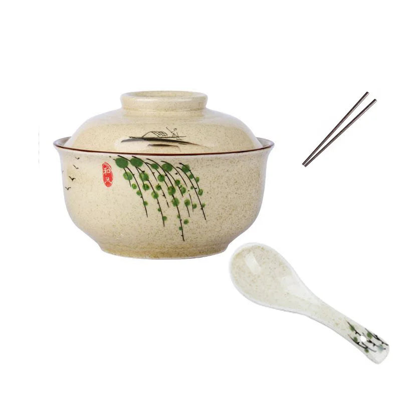 DecorBites™ 6.5inch Retro Ceramic Ramen Bowl Set with Lid, Chopsticks, and Spoons