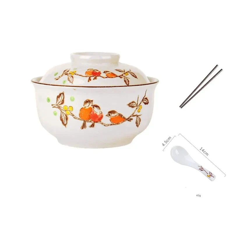 DecorBites™ 6.5inch Retro Ceramic Ramen Bowl Set with Lid, Chopsticks, and Spoons