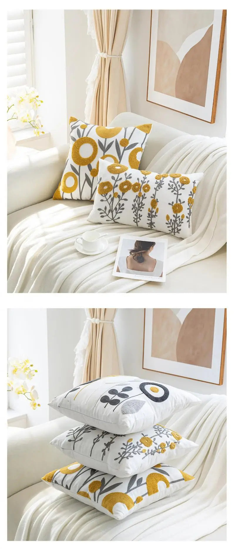 Boho Embroidered Floral Pillow Cover
