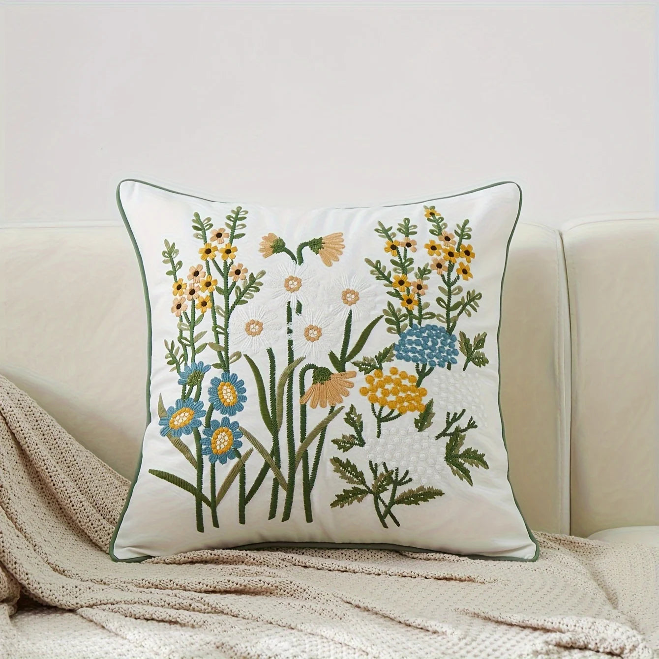 Faux Embroidered Daisy Cushion Cover