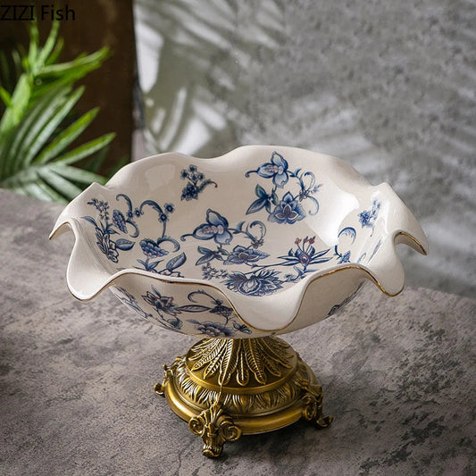 DecorBites™ Blue Flower Pattern Footed Fruit Tray Dessert Plate Snack Bowl Plate