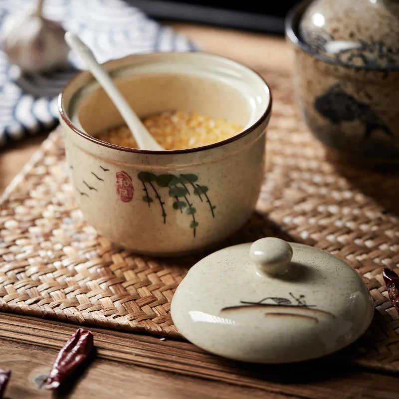 DecorBites™ 6.5inch Retro Ceramic Ramen Bowl Set with Lid, Chopsticks, and Spoons