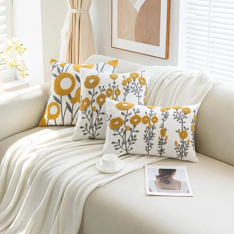 Boho Embroidered Floral Pillow Cover